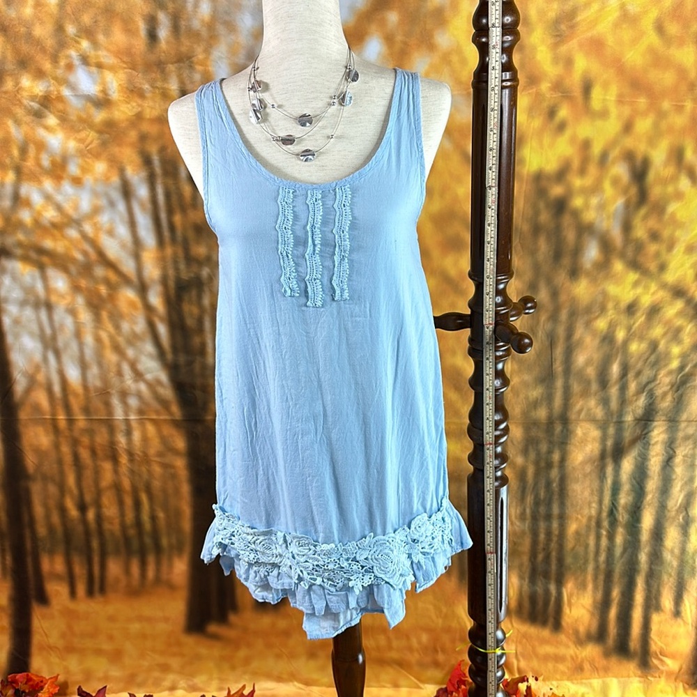 Light blue cotton tank dress. No stretch, says L but I’d say small!